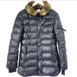 S13 New York Puffer Jacket Womens Medium Black Duck Down Feather Faux Fur Trim